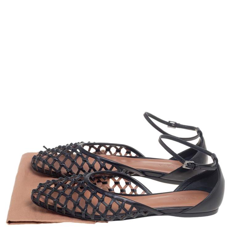 Pre Owned Alaia  Black Net Leather Ankle-Strap Ballerina Flats Size 40