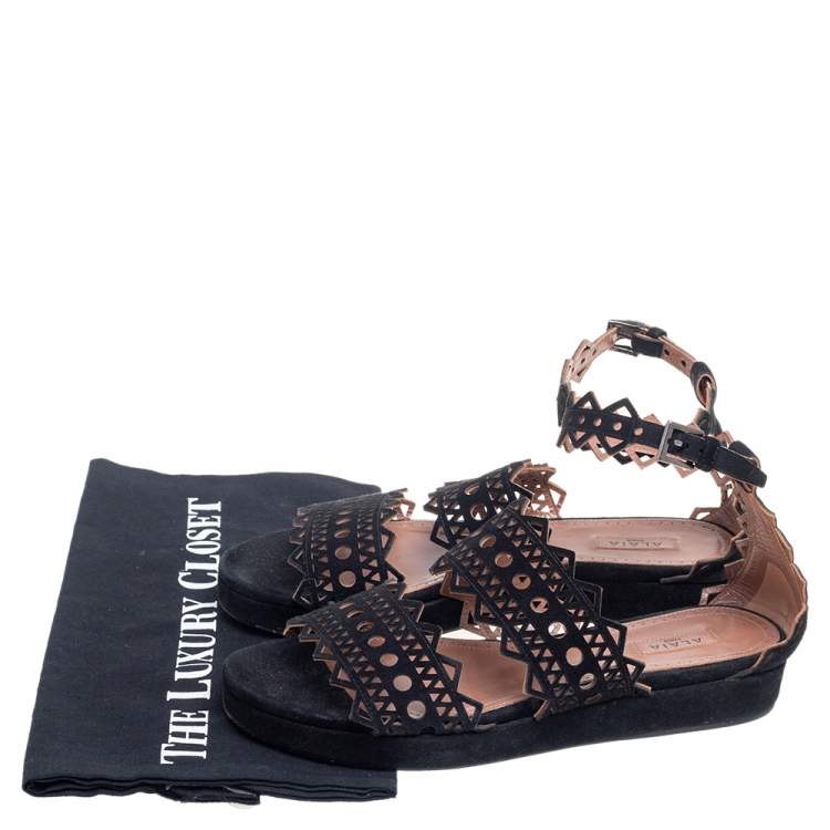 Pre Owned Alaia Black Laser Cut Suede Open Toe Flat Sandals Size 36
