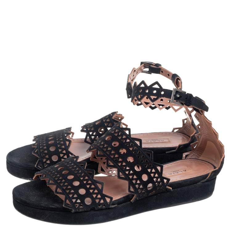 Pre Owned Alaia Black Laser Cut Suede Open Toe Flat Sandals Size 36