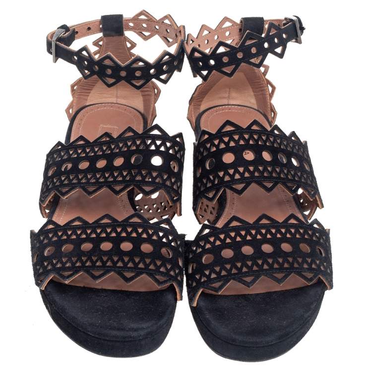 Pre Owned Alaia Black Laser Cut Suede Open Toe Flat Sandals Size 36