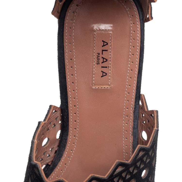Pre Owned Alaia Black Laser Cut Suede Open Toe Flat Sandals Size 36