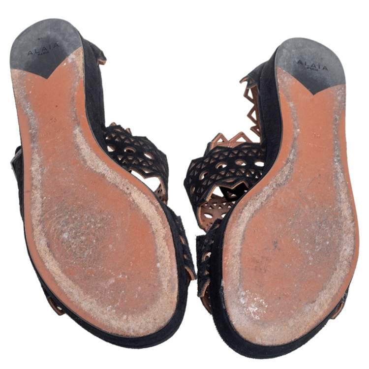Pre Owned Alaia Black Laser Cut Suede Open Toe Flat Sandals Size 36