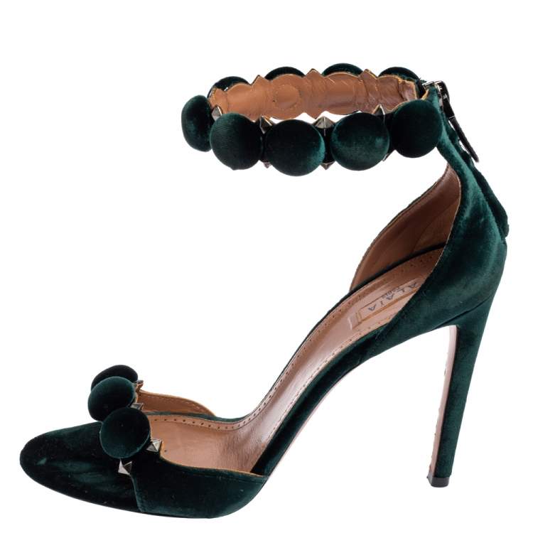 Pre Owned Alaia Green Velvet Bombe Ankle Strap Sandals Size 40