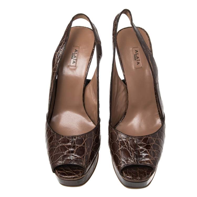 Pre Owned Alaia Brown Crocodile Leather Wooden Platform Slingback Sandals Size 39