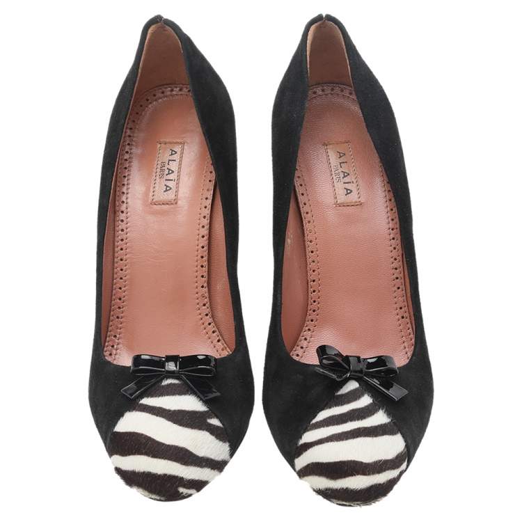 Pre Owned Alaia Black/White Suede And Zebra Print Calf Hair Bow Pumps Size 36