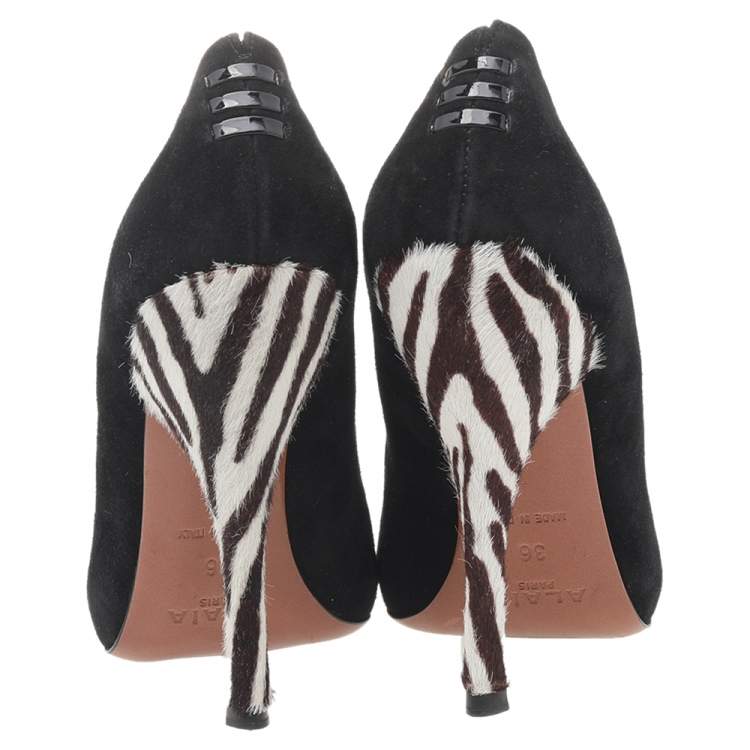Pre Owned Alaia Black/White Suede And Zebra Print Calf Hair Bow Pumps Size 36