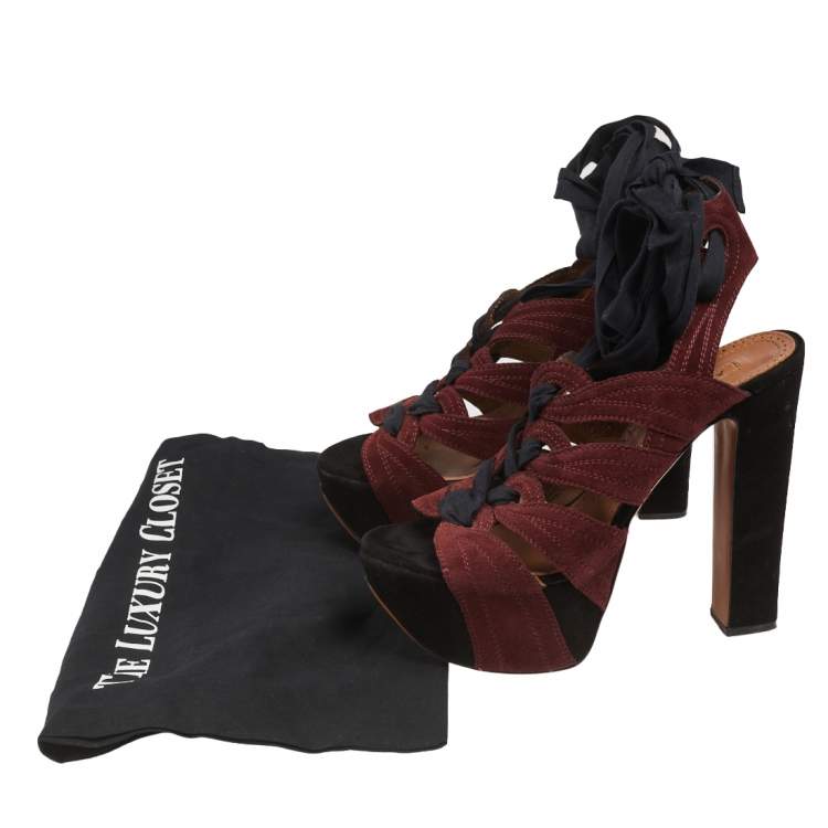 Pre Owned Alaia Burgundy/Black Suede Lace Up Platform Sandals Size 37.5