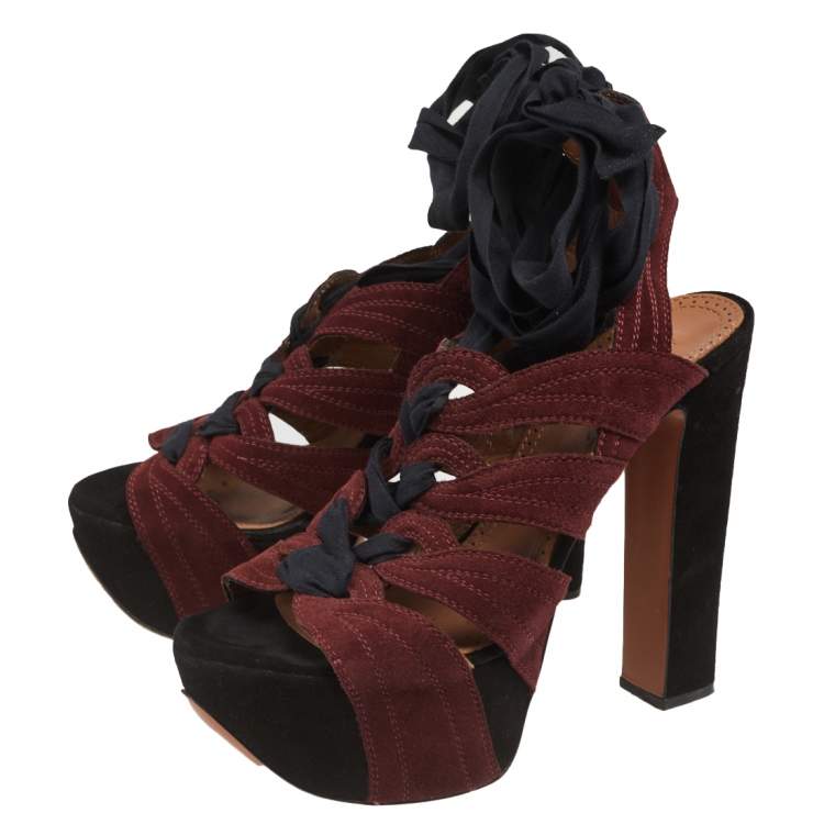Pre Owned Alaia Burgundy/Black Suede Lace Up Platform Sandals Size 37.5