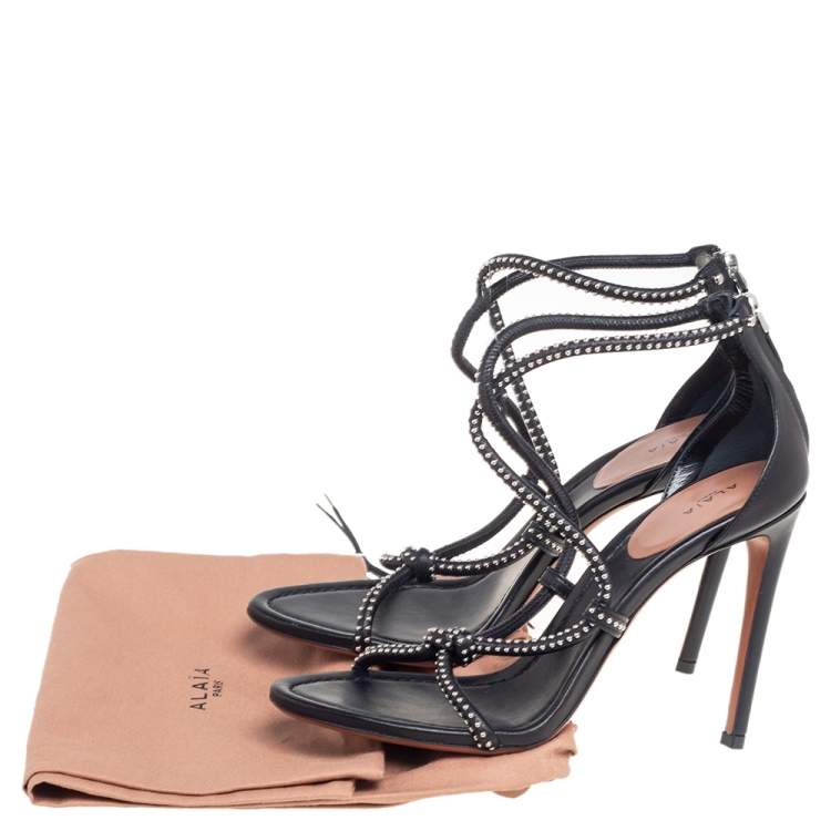 Pre Owned Alaia Black Leather Studded Cross Strappy Sandals Size 38