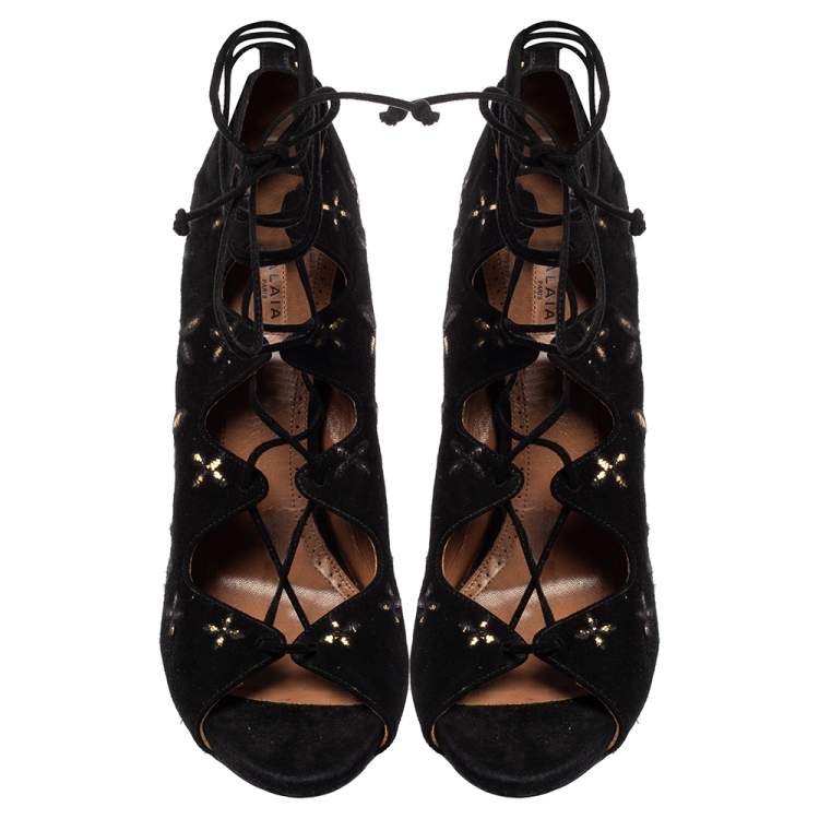 Pre Owned Alaia Black Suede Cut Out Lace Up  Ankle Wrap  Sandals Size 39