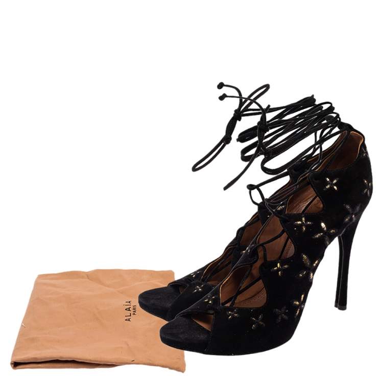 Pre Owned Alaia Black Suede Cut Out Lace Up  Ankle Wrap  Sandals Size 39