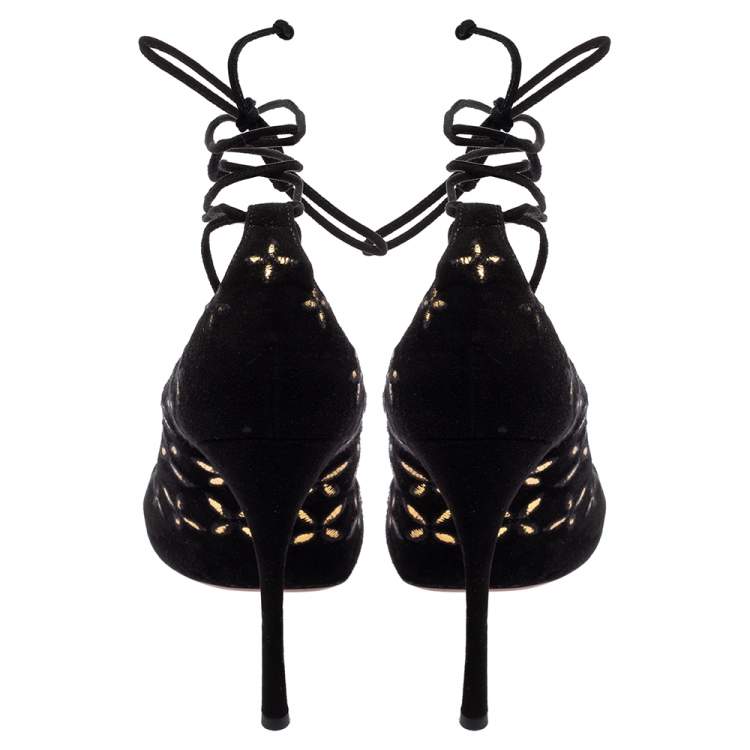 Pre Owned Alaia Black Suede Cut Out Lace Up  Ankle Wrap  Sandals Size 39