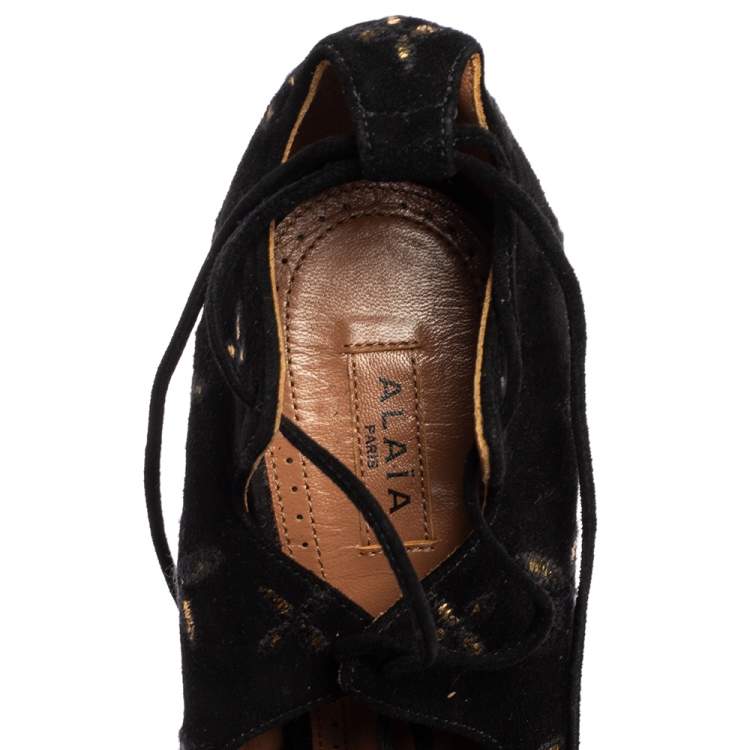 Pre Owned Alaia Black Suede Cut Out Lace Up  Ankle Wrap  Sandals Size 39