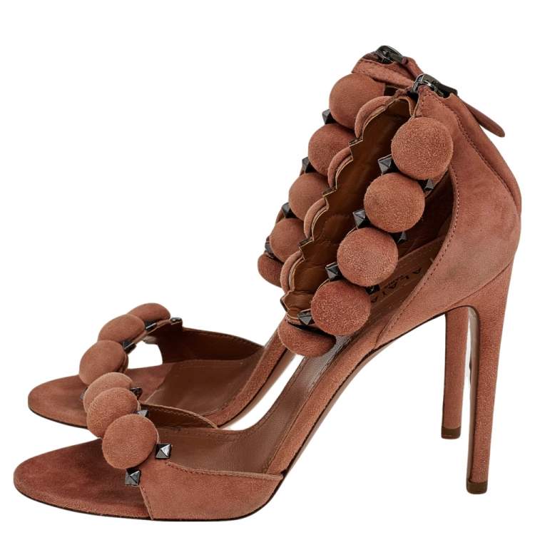 Pre Owned Alaia Beige Suede Bombe Ankle Strap Sandals Size 37