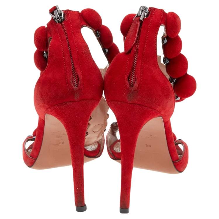 Pre Owned Alaia Red Suede Studded 'Bombe' T-Strap Ankle Cuff Sandals Size 38