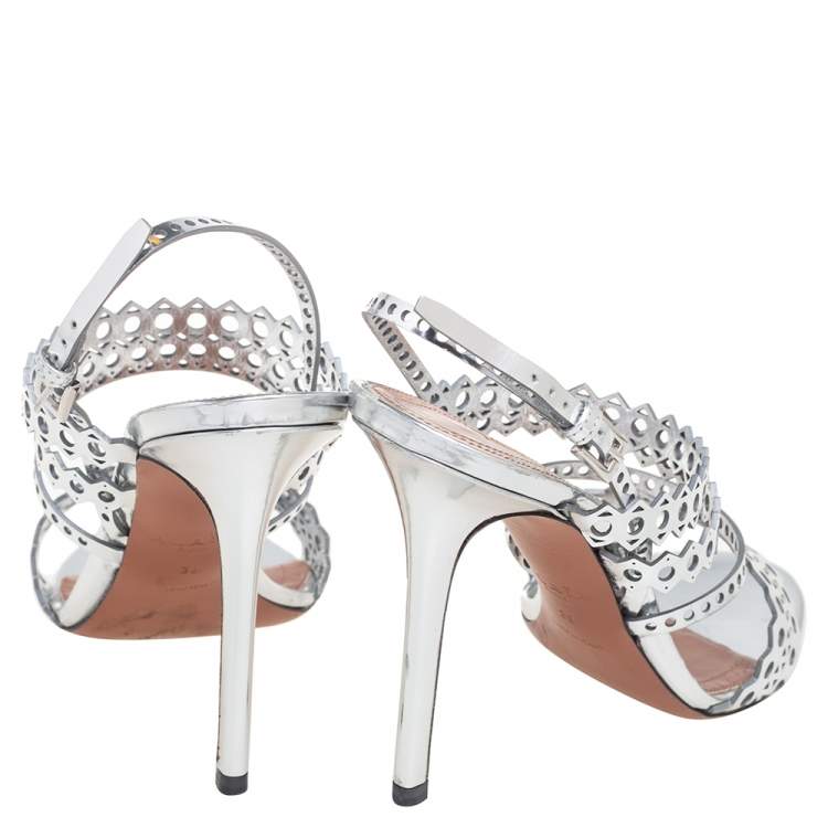 Pre Owned Alaia Silver Cutout Mirror Leather Sandals Size 38