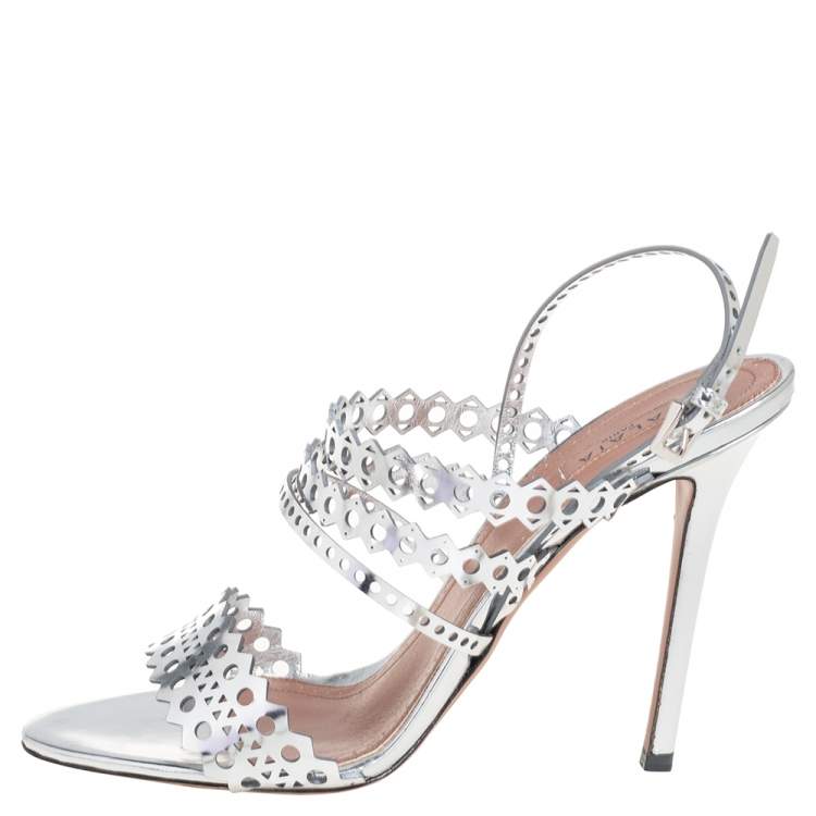Pre Owned Alaia Silver Cutout Mirror Leather Sandals Size 38