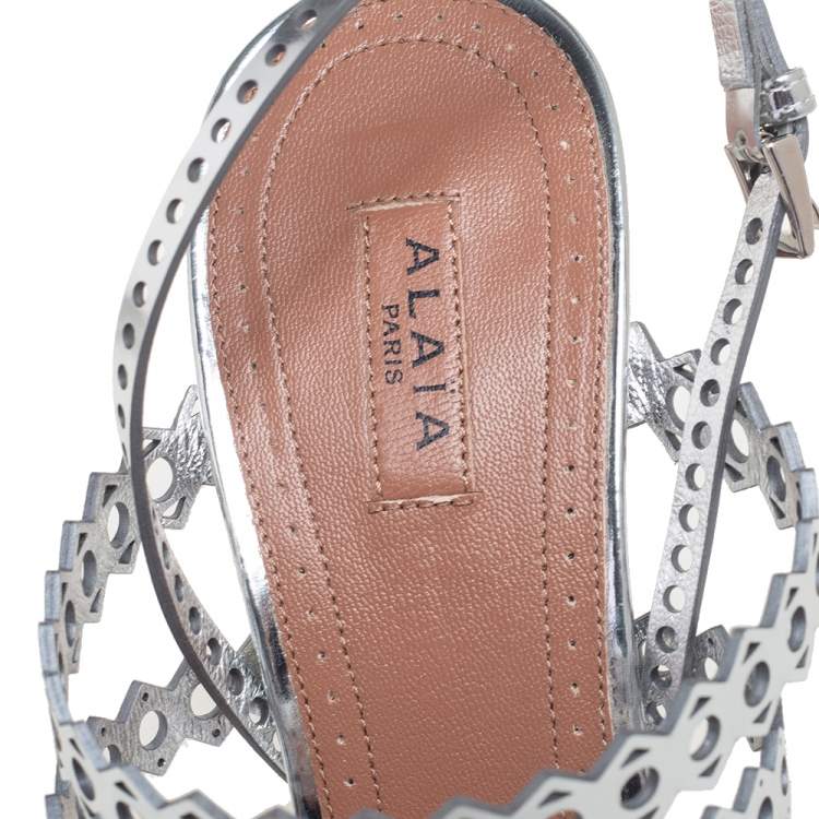 Pre Owned Alaia Silver Cutout Mirror Leather Sandals Size 38
