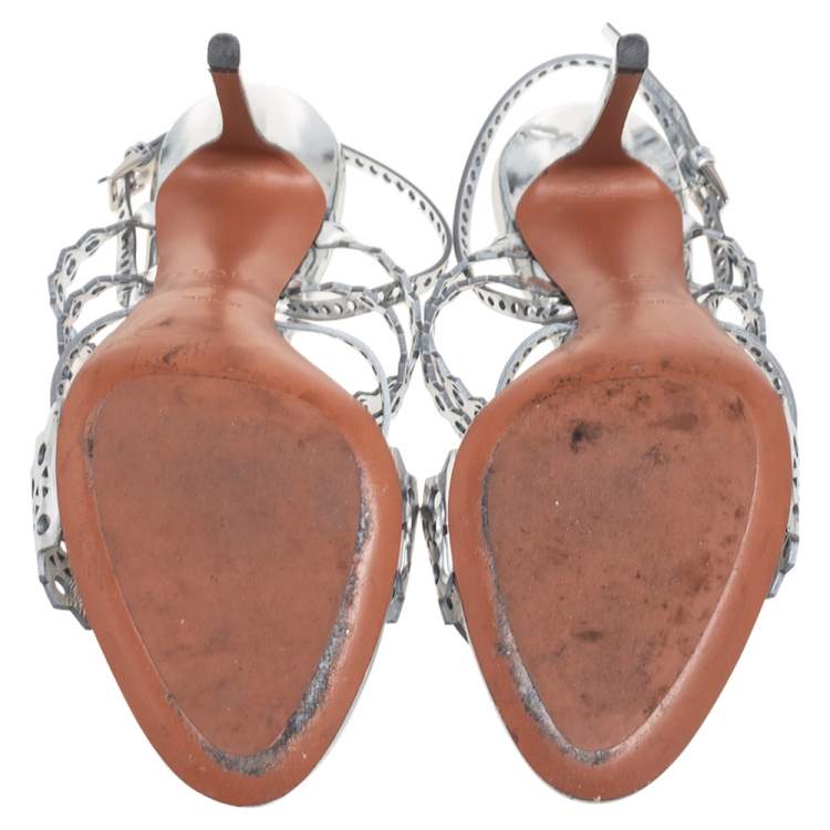 Pre Owned Alaia Silver Cutout Mirror Leather Sandals Size 38