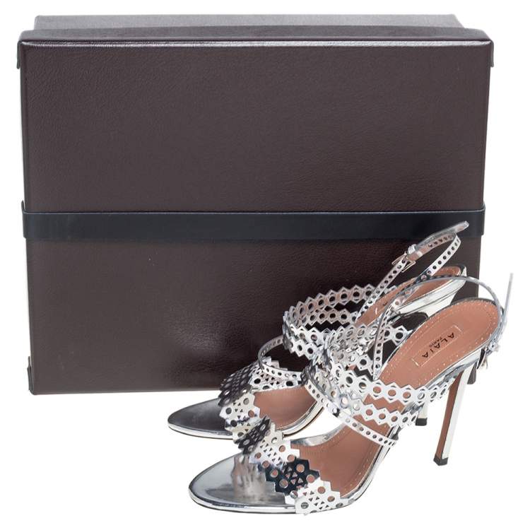 Pre Owned Alaia Silver Cutout Mirror Leather Sandals Size 38