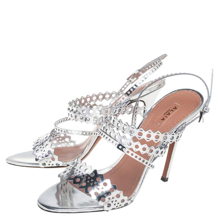 Pre Owned Alaia Silver Cutout Mirror Leather Sandals Size 38