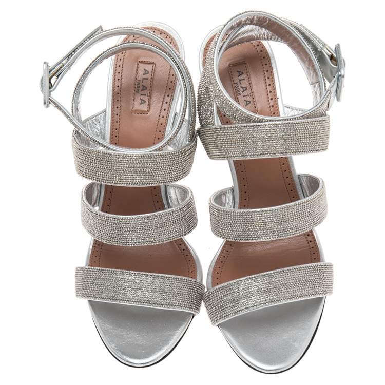 Pre Owned Alaia Silver Leather Beads Embellished Strappy Sandals Size 38
