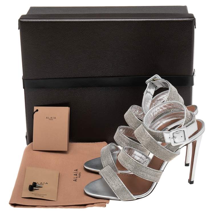 Pre Owned Alaia Silver Leather Beads Embellished Strappy Sandals Size 38
