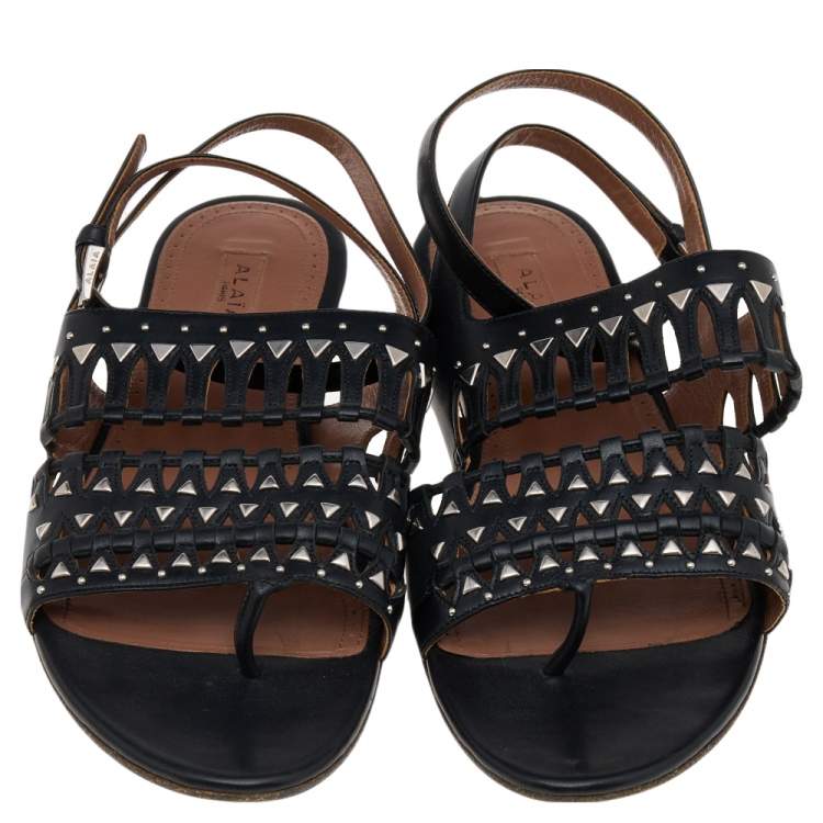 Pre Owned Alaia Black Leather Studded Accents Ankle Strap Flat Sandals Size 37