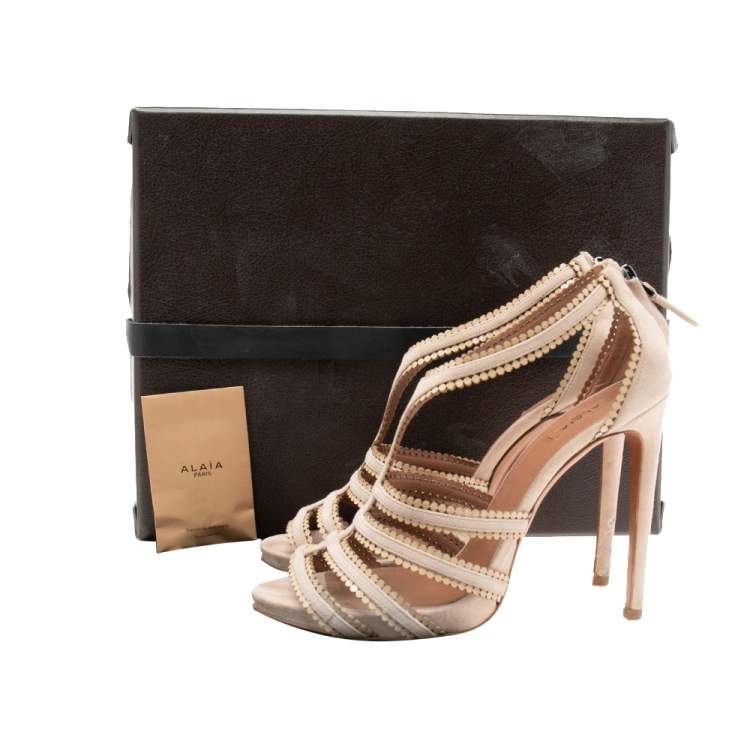 Pre Owned Alaia Beige Suede Laser Cut Out Sandals Size 39.5