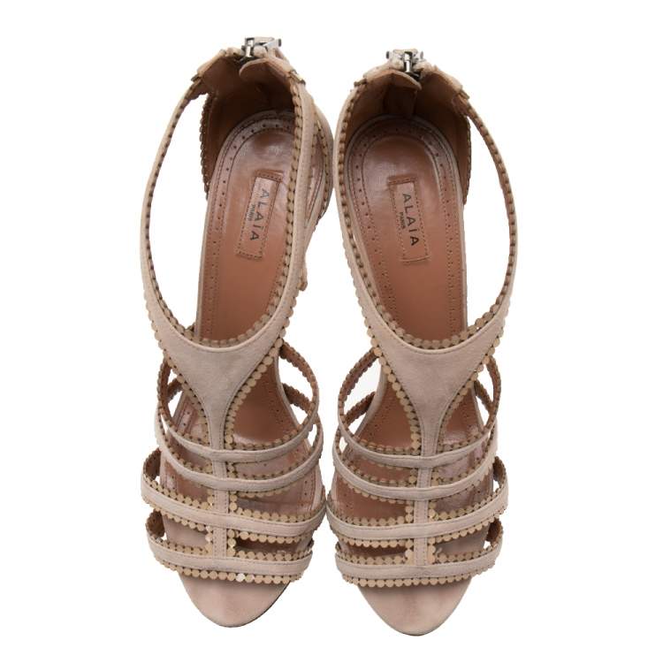 Pre Owned Alaia Beige Suede Laser Cut Out Sandals Size 39.5