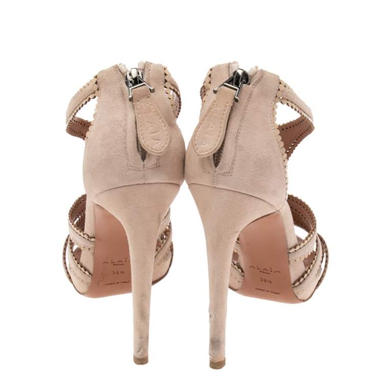Pre Owned Alaia Beige Suede Laser Cut Out Sandals Size 39.5