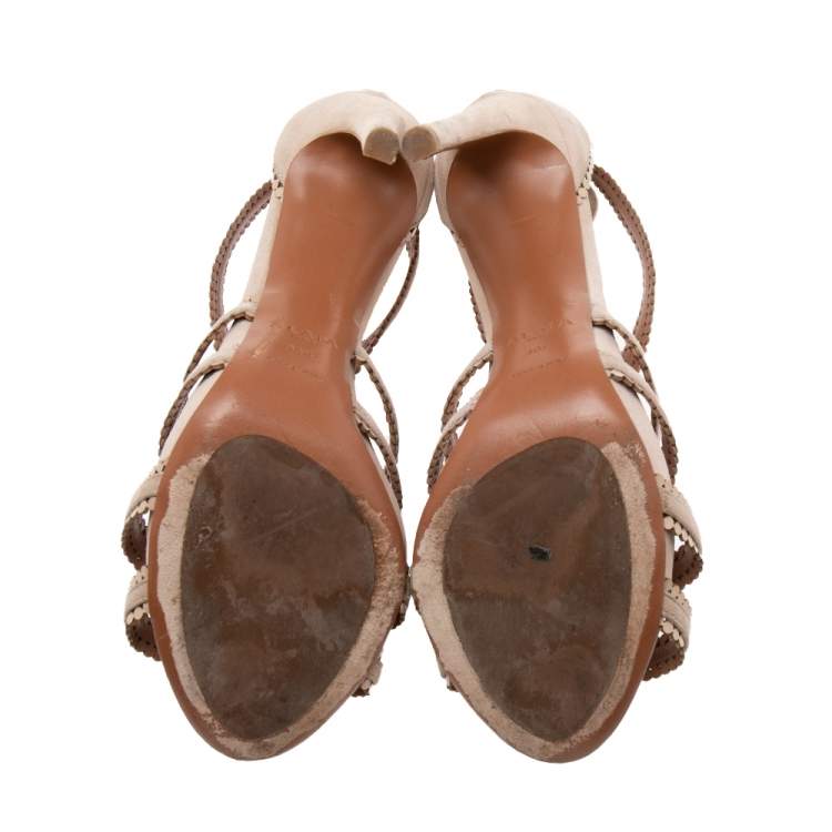 Pre Owned Alaia Beige Suede Laser Cut Out Sandals Size 39.5