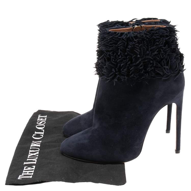 مملوكة مسبقًا Alaia Navy Blue Suede Ruffled Ankle Boots Size 39.5