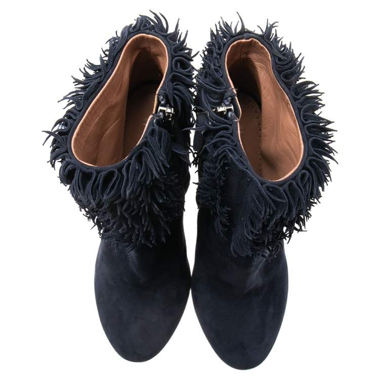 مملوكة مسبقًا Alaia Navy Blue Suede Ruffled Ankle Boots Size 39.5