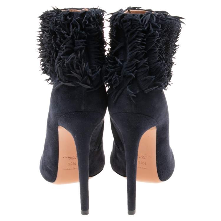 مملوكة مسبقًا Alaia Navy Blue Suede Ruffled Ankle Boots Size 39.5