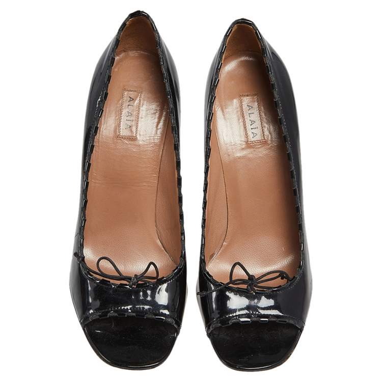 Pre Owned Alaia Black Patent Leather Open Toe  Pumps Size 37