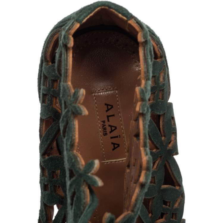 Pre Owned Alaia Green Laser Cut Suede Ankle Boots Size  39