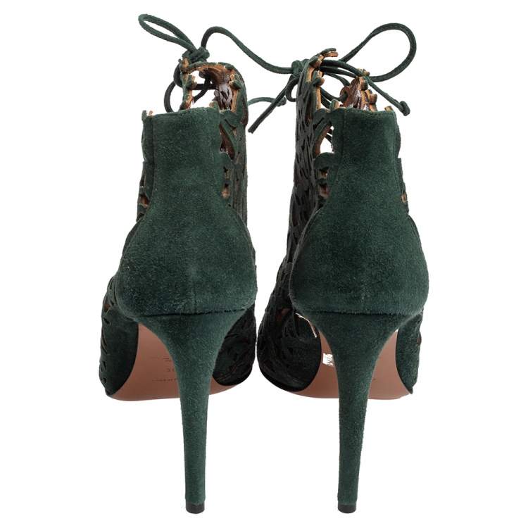 Pre Owned Alaia Green Laser Cut Suede Ankle Boots Size  39