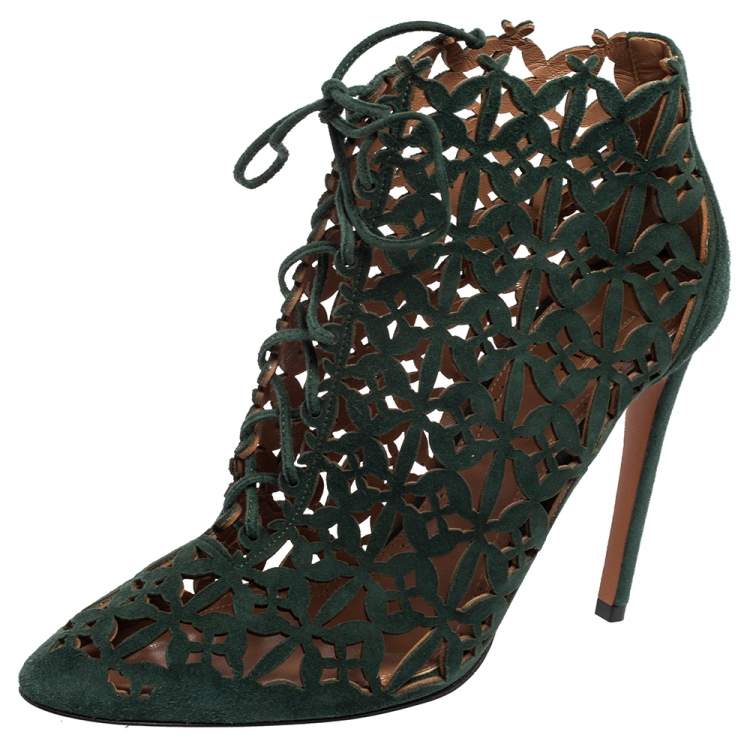 Pre Owned Alaia Green Laser Cut Suede Ankle Boots Size  39