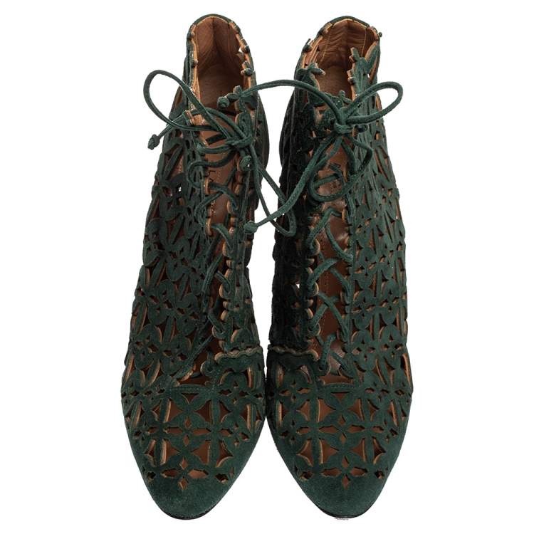 Pre Owned Alaia Green Laser Cut Suede Ankle Boots Size  39