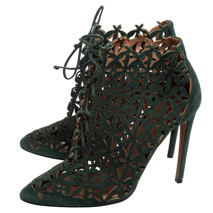 Pre Owned Alaia Green Laser Cut Suede Ankle Boots Size  39