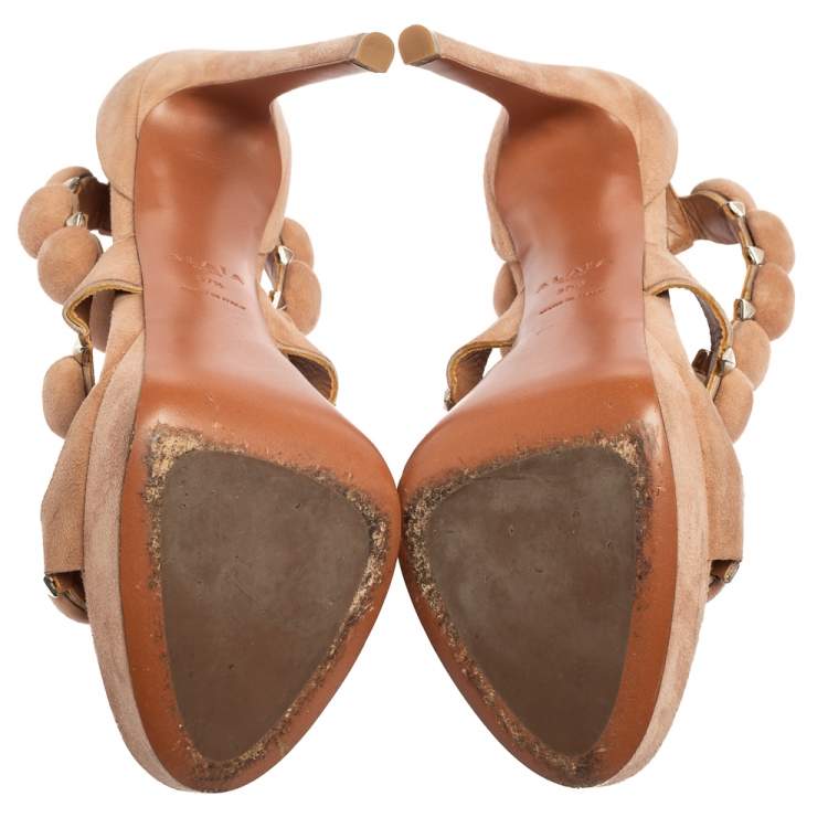 Pre Owned Alaia Beige Suede Studded Ankle Strap Sandals Size 37.5