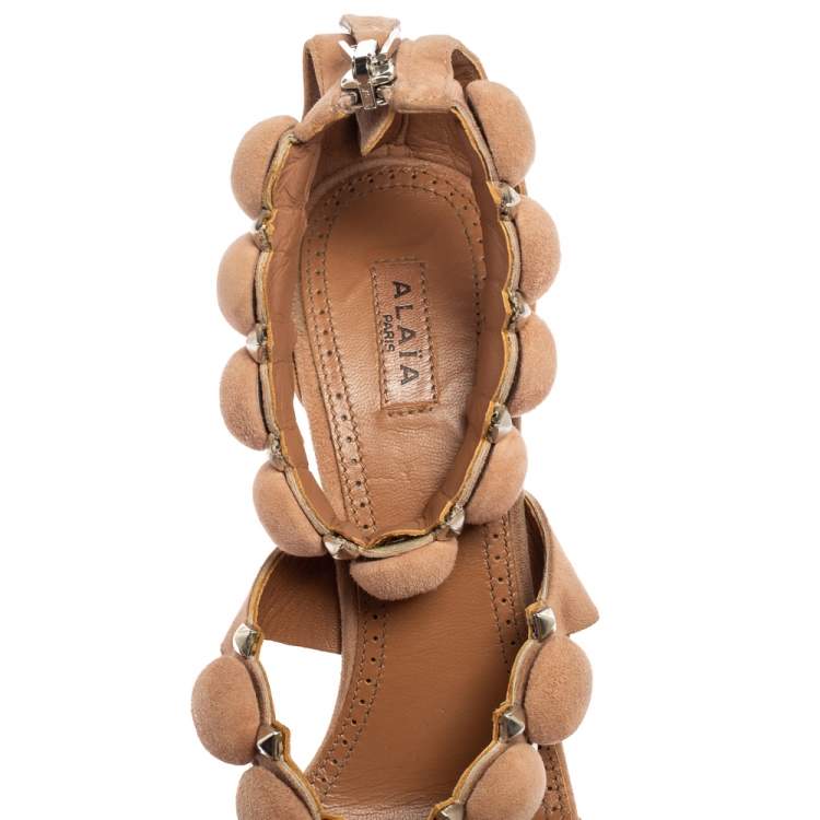 Pre Owned Alaia Beige Suede Studded Ankle Strap Sandals Size 37.5