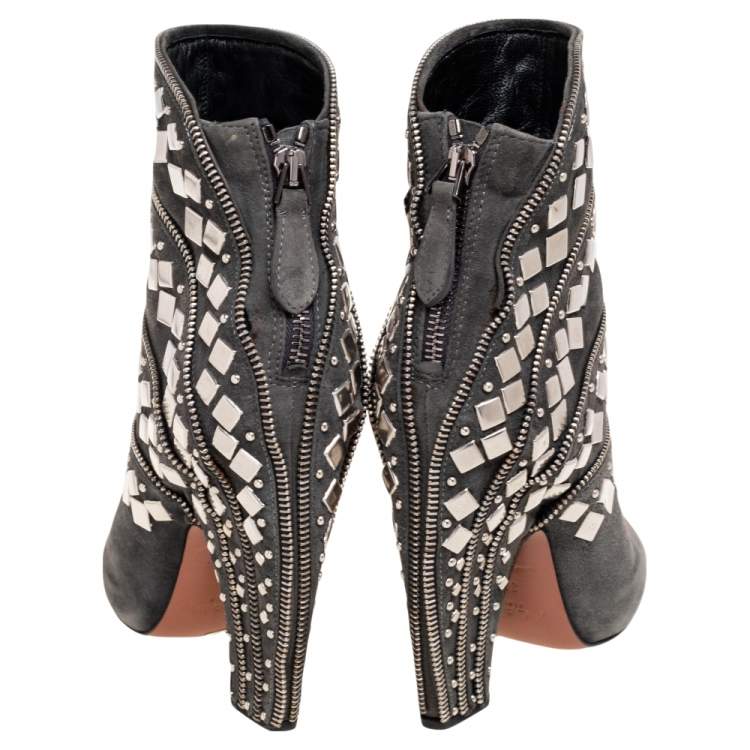 Pre Owned Alaia Grey Suede Stud Embellished Ankle Boots Size 37
