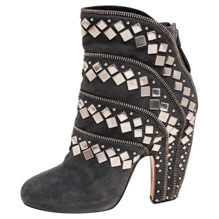 Pre Owned Alaia Grey Suede Stud Embellished Ankle Boots Size 37