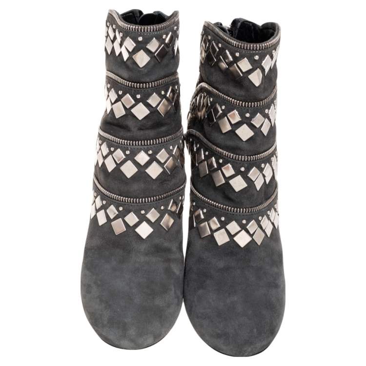 Pre Owned Alaia Grey Suede Stud Embellished Ankle Boots Size 37