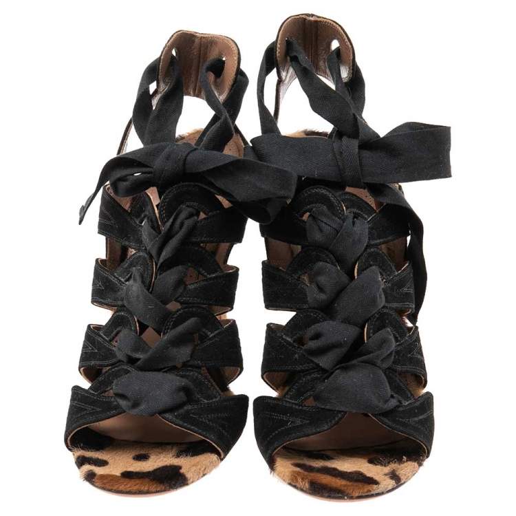 Pre Owned Azzedine Alaia Leopard Pony Hair And Suede Ankle Wrap Sandals Size 39
