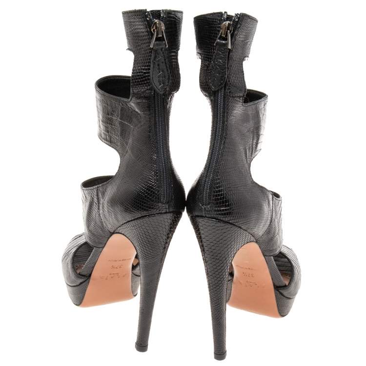 Pre Owned Alaia Black Lizard Embossed Leather Open Toe Platform Gladiator Sandals Size 37.5