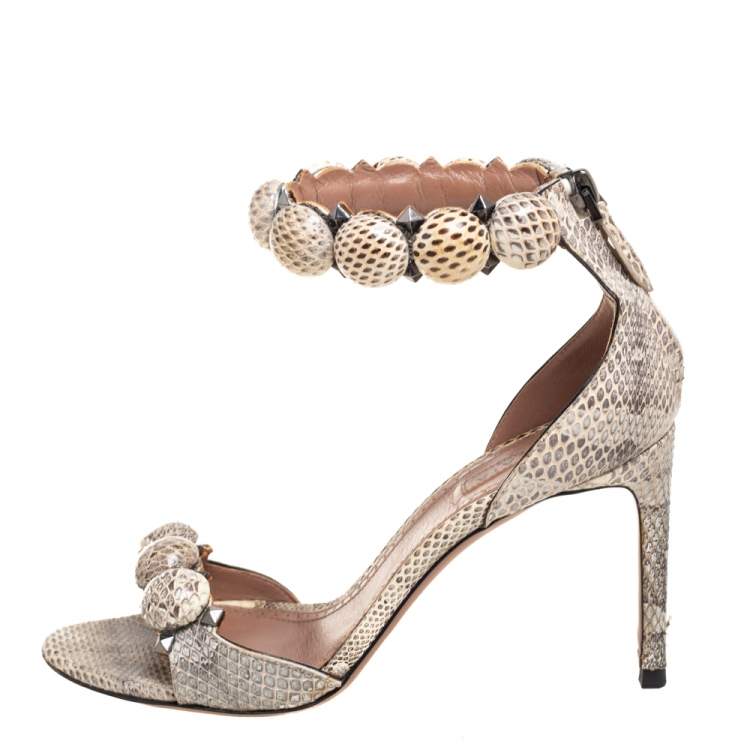 Pre Owned Alaia Beige/Brown Python Embossed Leather Bombe  Ankle Strap Sandals  Size 35.5