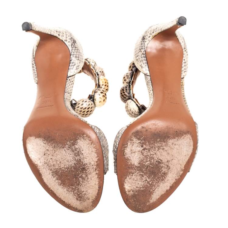 Pre Owned Alaia Beige/Brown Python Embossed Leather Bombe  Ankle Strap Sandals  Size 35.5